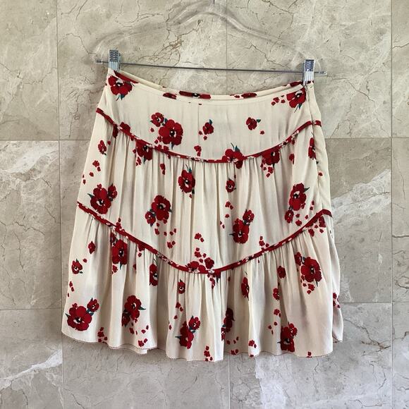ba&sh Bia Lady Mini Skirt - 1 / US 6 - Cream, Red Floral Tiered, Holiday Cottage - Picture 2 of 11